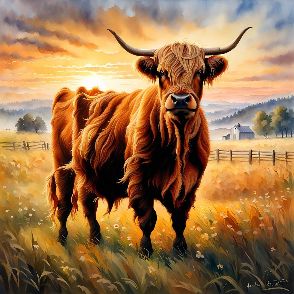 Watercolor Highland Cow in Sunlit Field