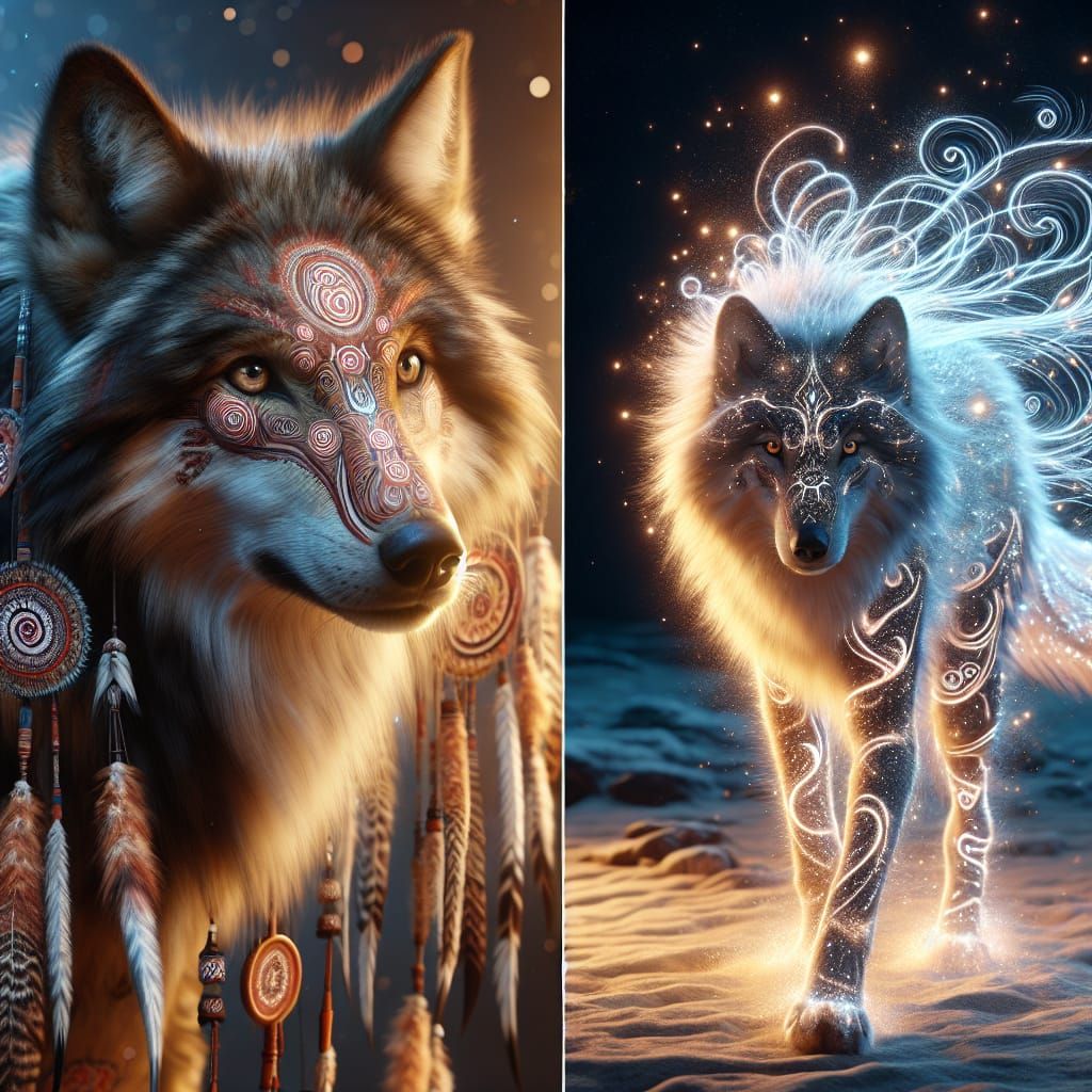 Indigenous Woman with Sacred Face Tattoos and Spirit Wolf