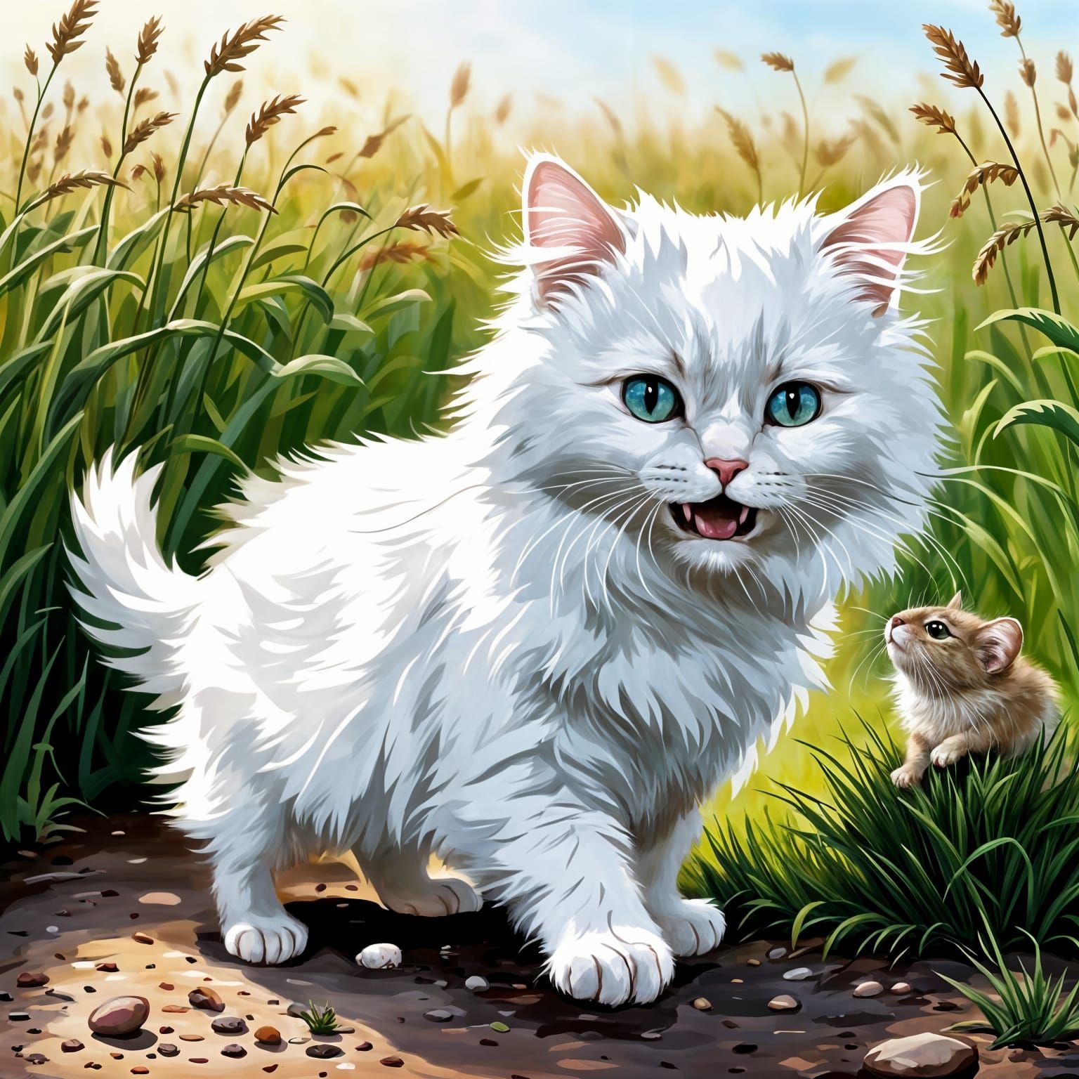 White Cat Playfully Chasing Mouse in Field