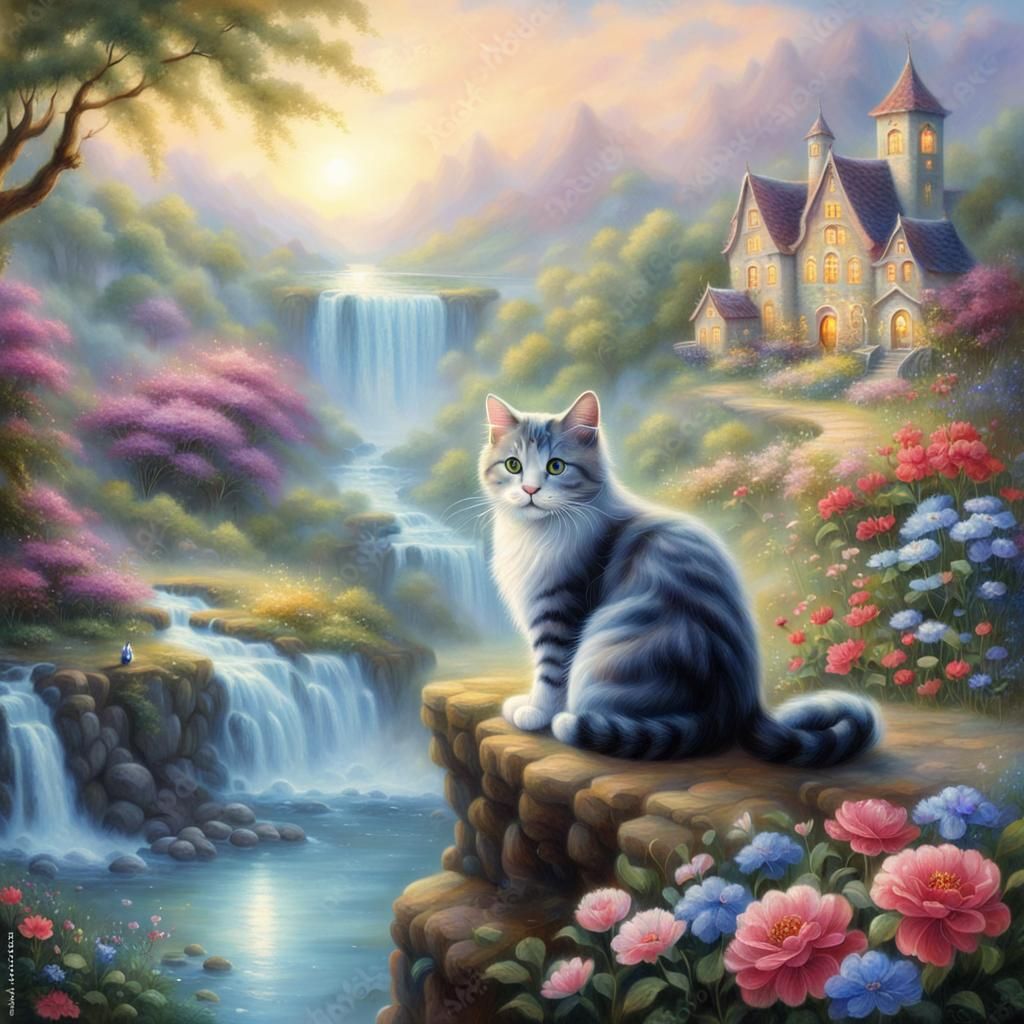Cat Resting in Fantasy Landscape at Dawn