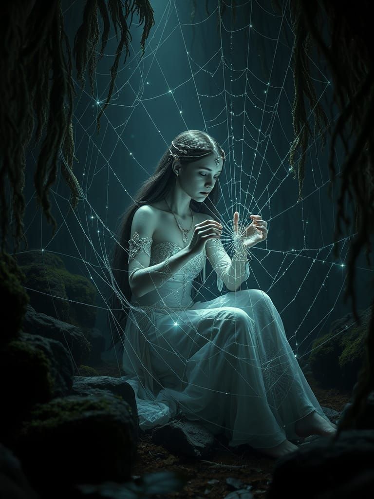 Dark Fantasy Spider Weaver in Ethereal Forest