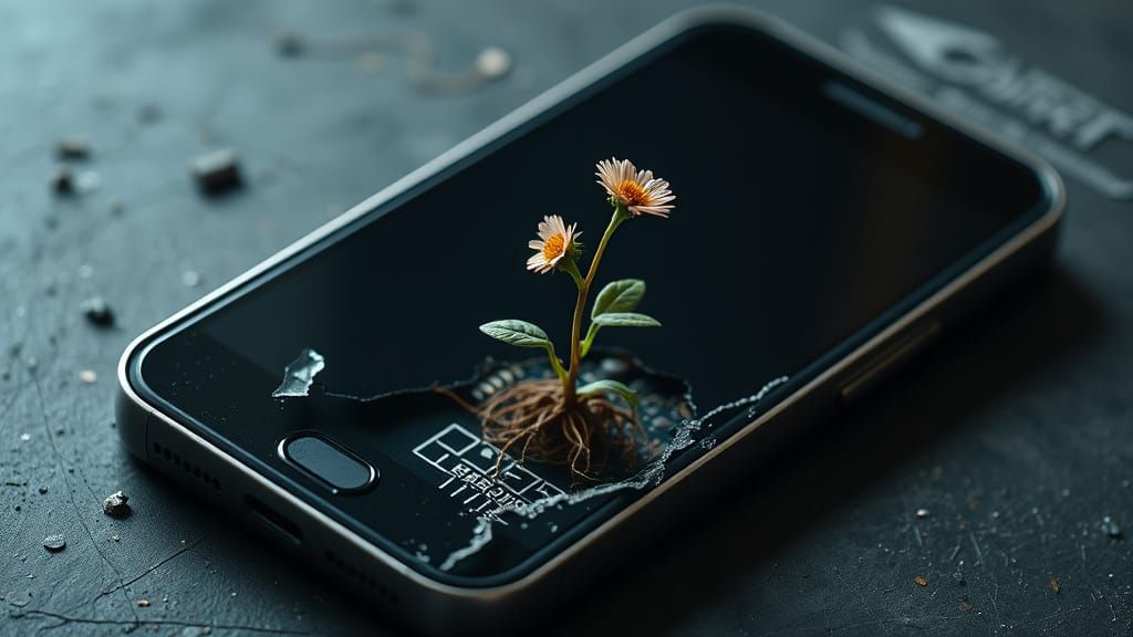 Flower Sprouts From Broken Phone: Nature vs. Technology