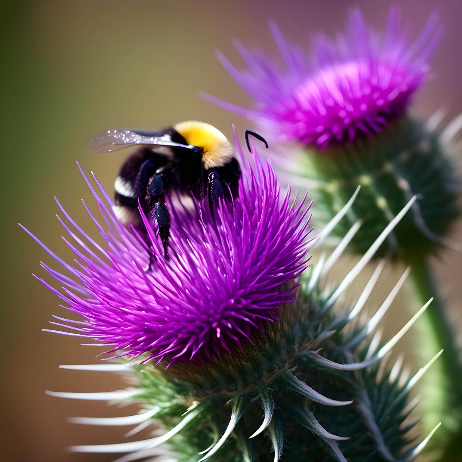 Macro Thistle Flower and Bumblebee in Natural Light