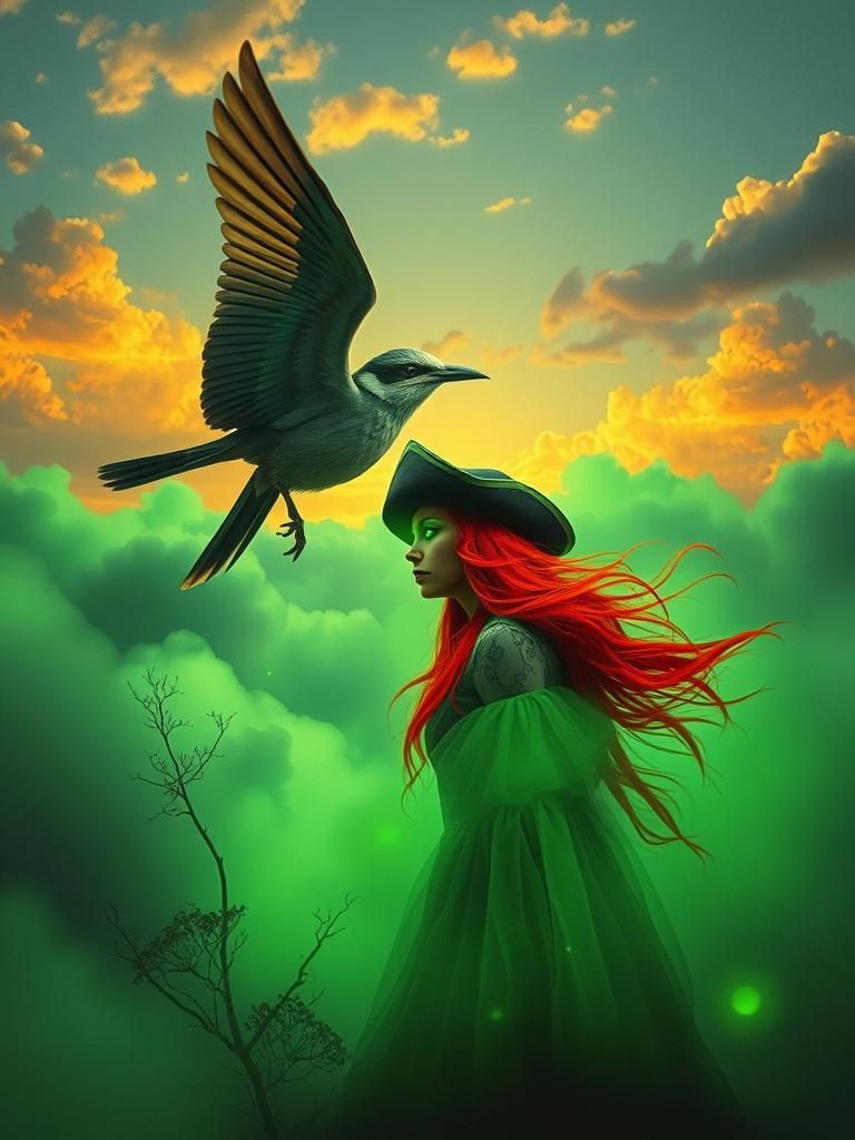 Surreal Carnival with Cyborg Girl and Bird