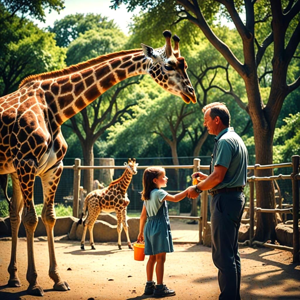 Father and Daughter Feeding Giraffe: Cinematic Zoo Scene