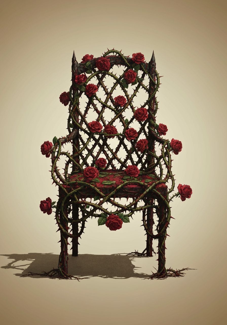 A chair made of entwined roses and thorns
