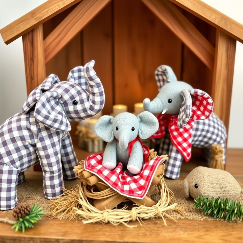 Gingham Elephants Celebrate Christmas in a Whimsical Nativit...
