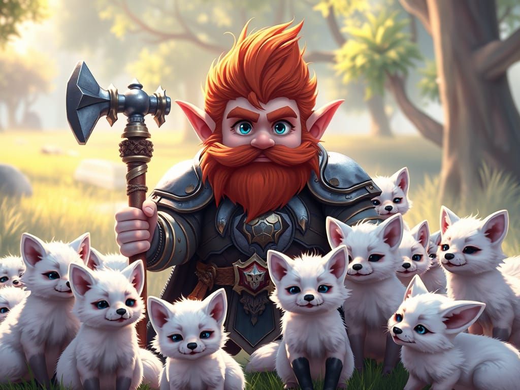 Dwarf Warrior with White Foxes in Anime Style