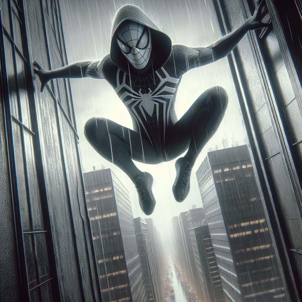 Dramatic Superhero Landing in Rainy Cityscape