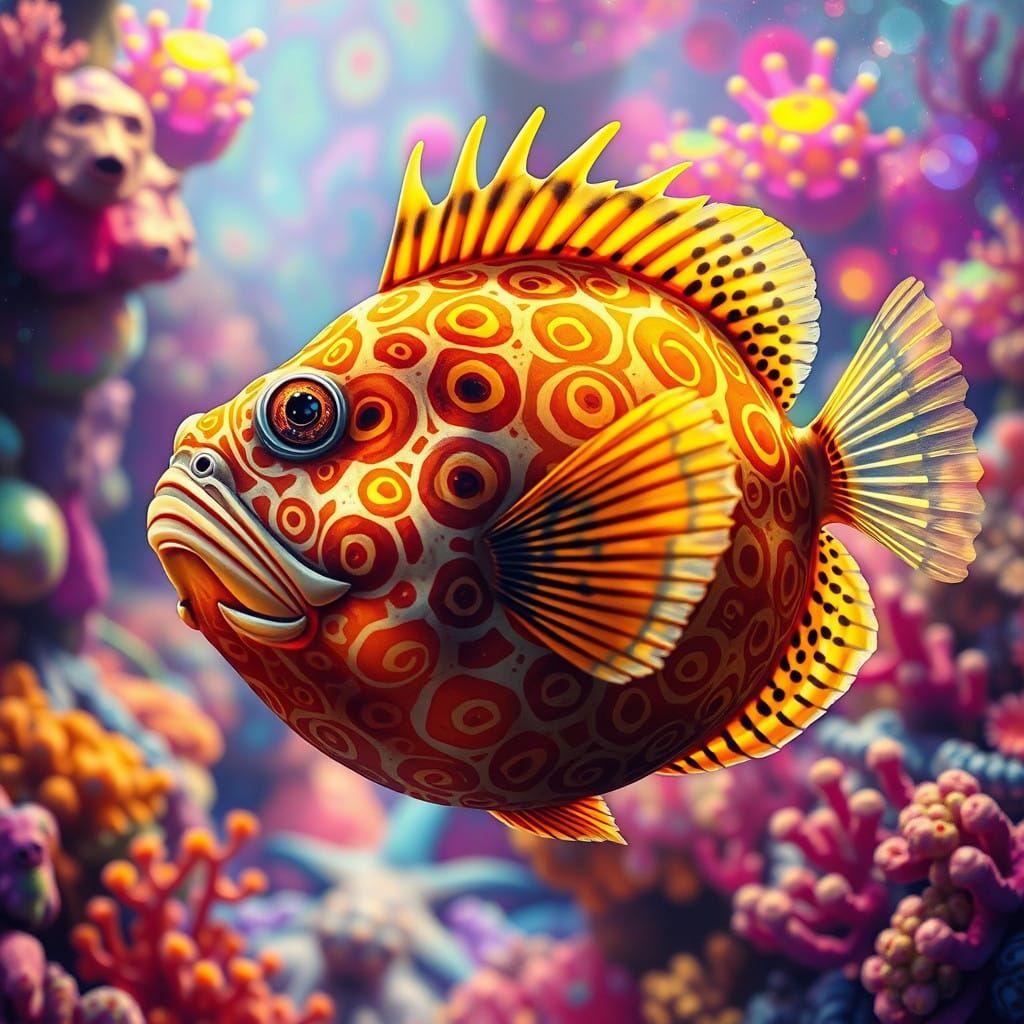 Hyperrealistic Puffer Fish in Vibrant, Psychedelic Coral Ree...