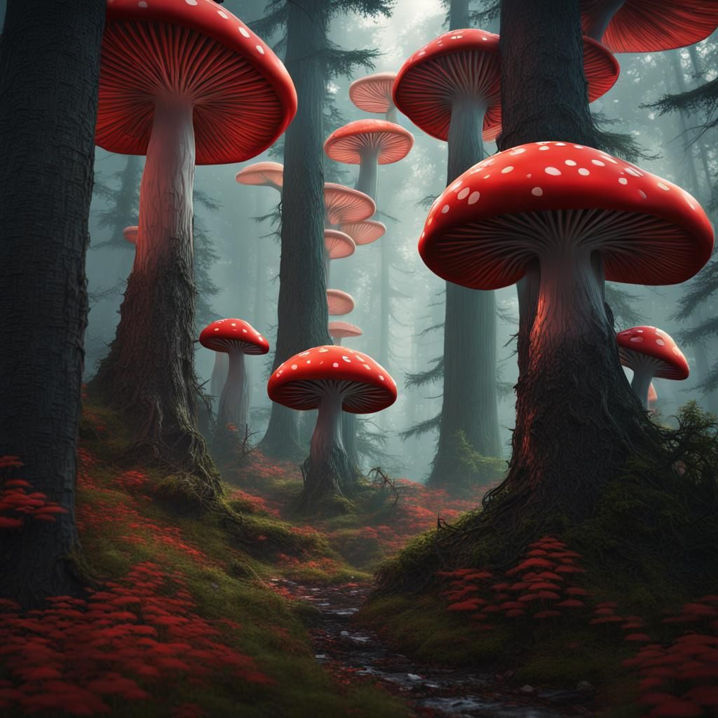 Red Mushrooms in Forest: Detailed Matte Painting