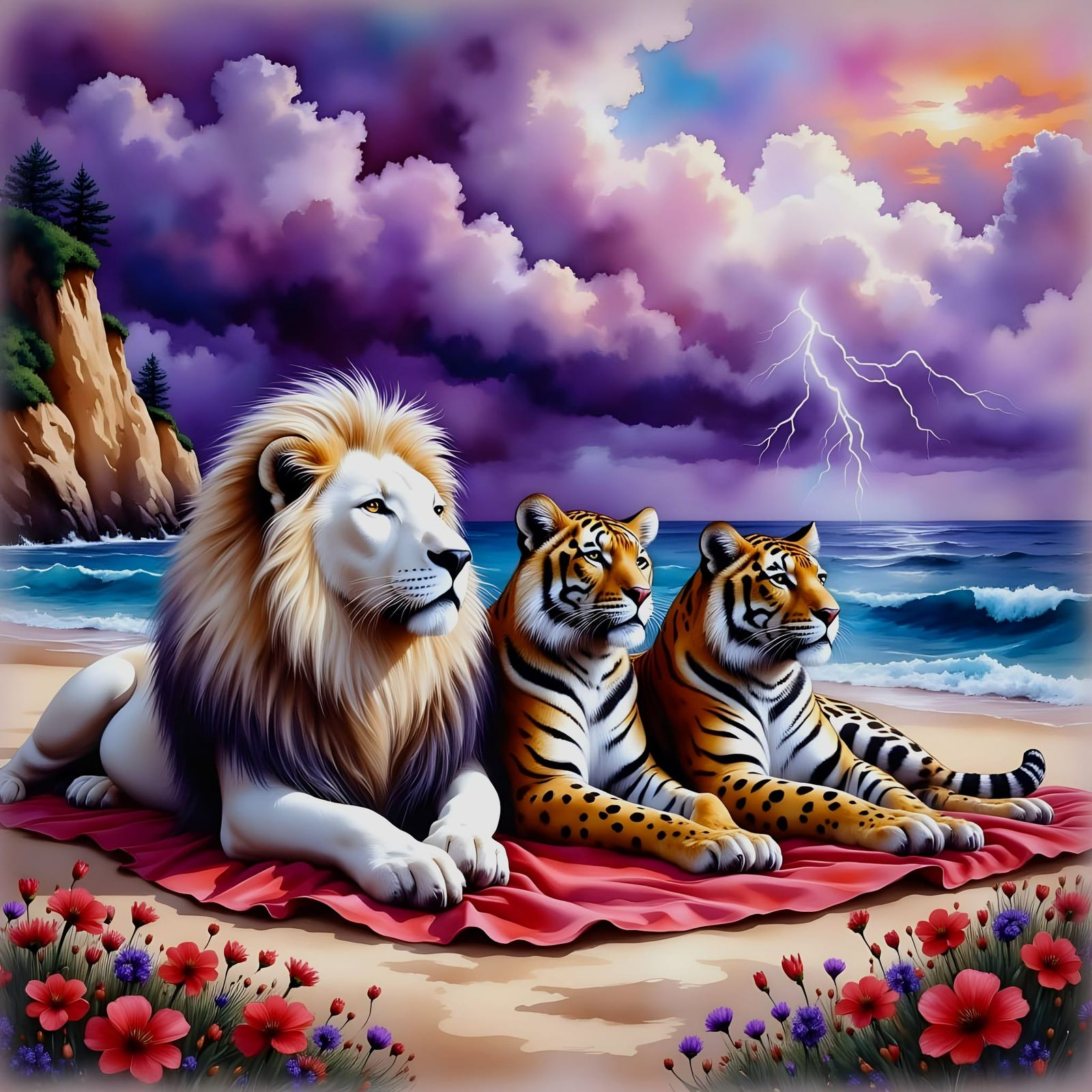 Surreal Big Cats Scene in Vibrant Watercolor Style