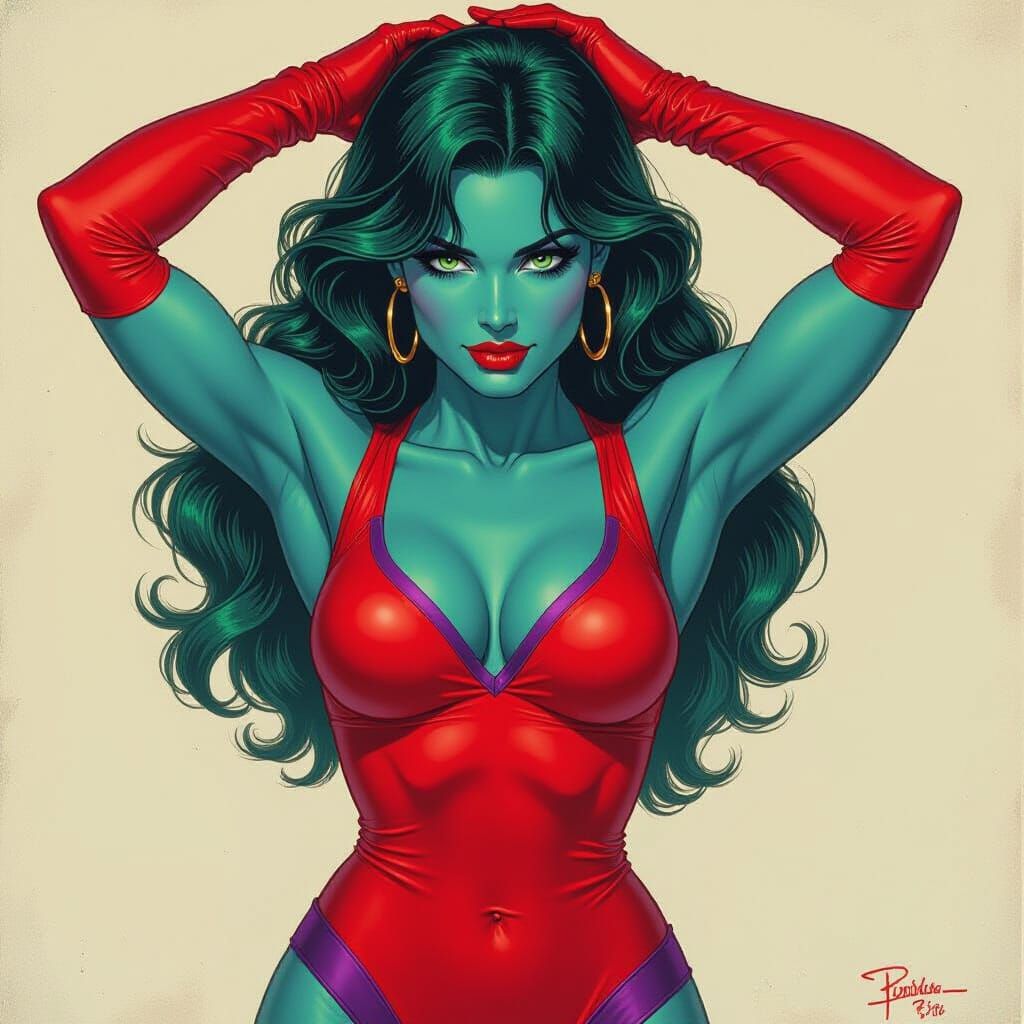 Dynamic Blue-Skinned Woman in Comic Book Art Style