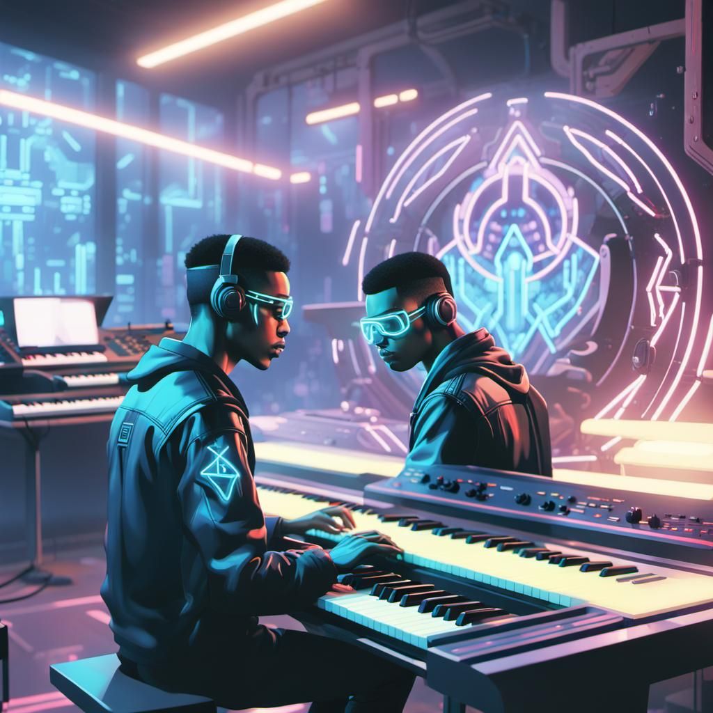 Cyberpunk Brothers in Neon Recording Studio