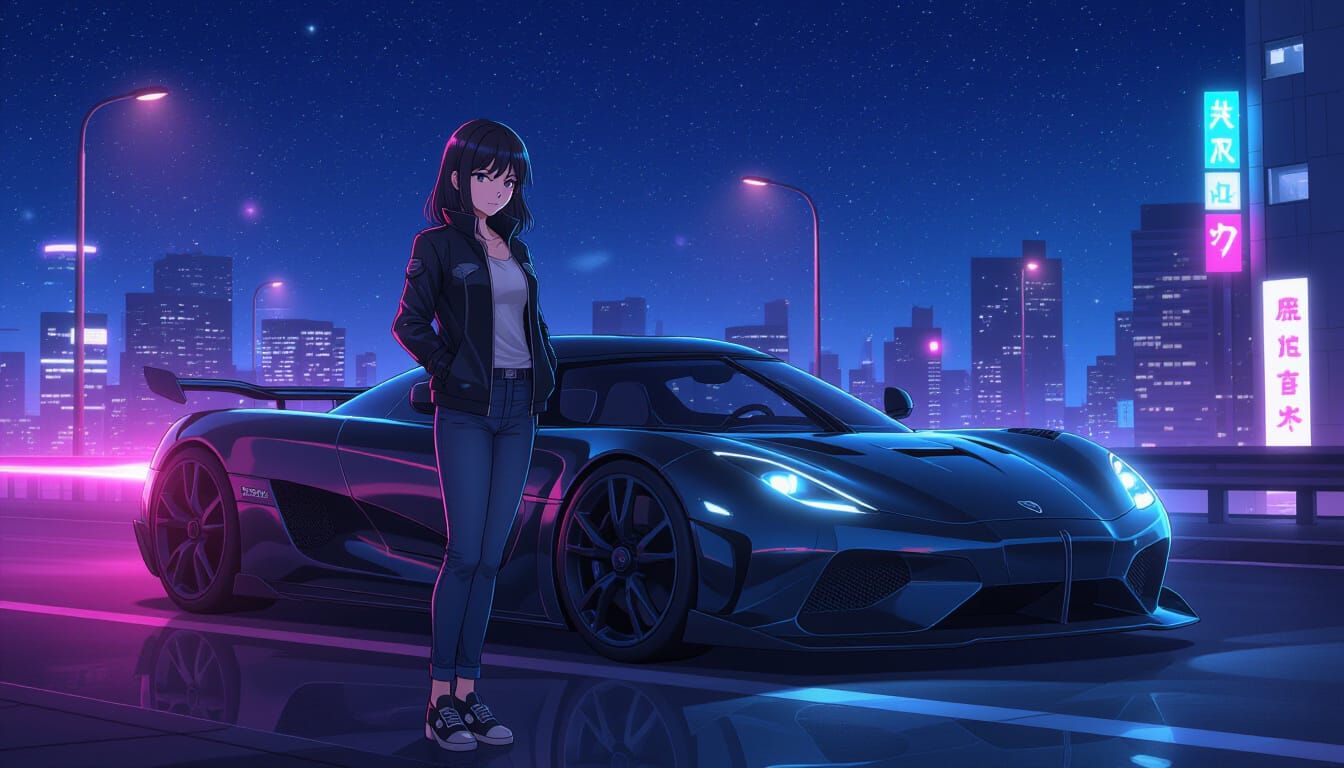 Anime Girl with Koenigsegg Jesko in Neon City