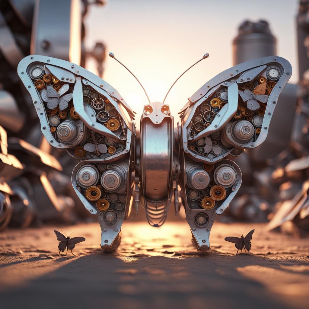 Futuristic Metal Moth Statue with Butterflies