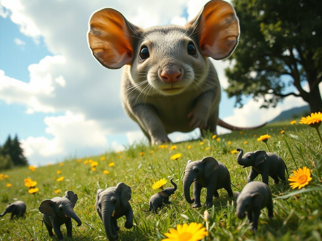 Giant Mouse Stomps Through Field, Tiny Elephants Scurry