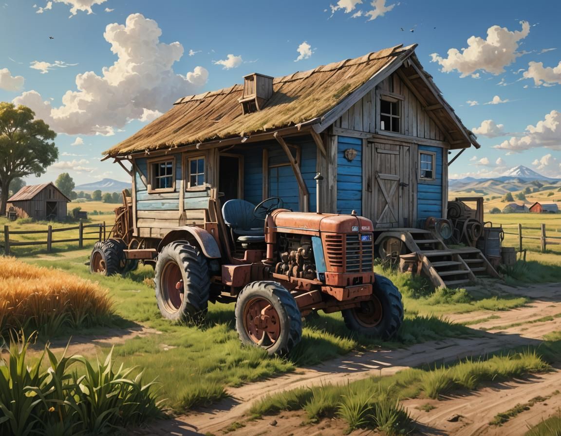 Hyperrealistic Ranch with Tractor and Blue Sky
