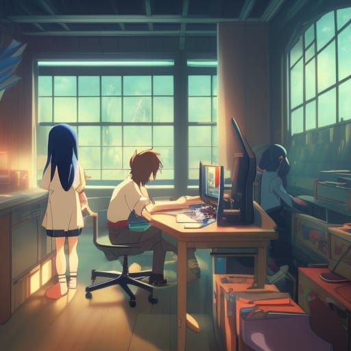 Students Gaming in Studio Ghibli Anime Style
