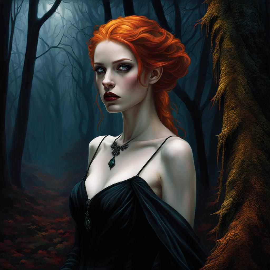 Gothic Vampire in Forest: Dark Fantasy Oil Painting