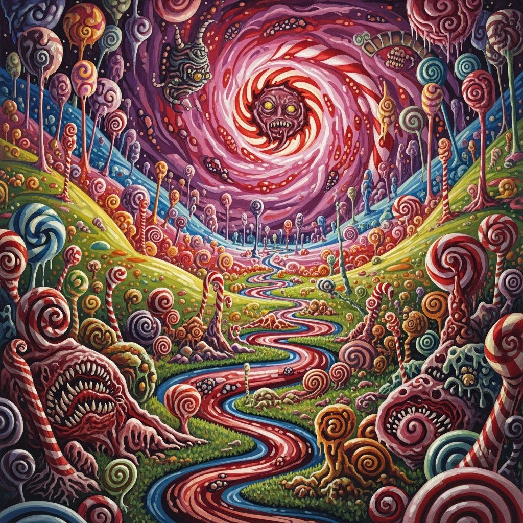 Grimdark Candyland Wonderland in Gouache Style