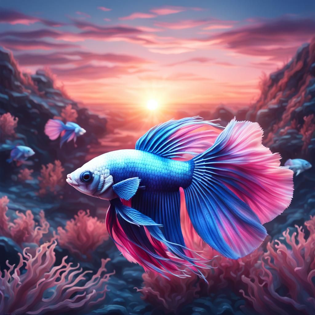 Blue and Pink Betta Fish at Sunset