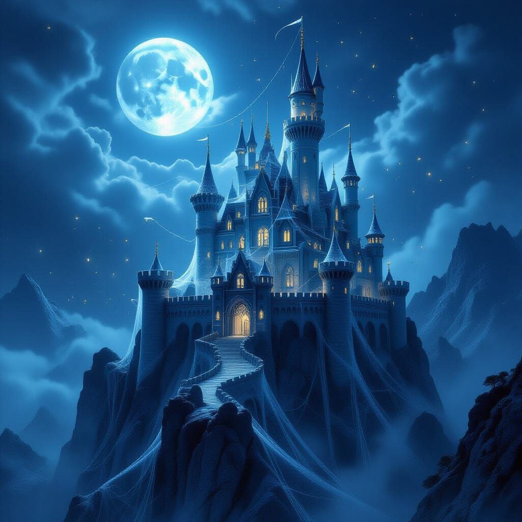 Ethereal Spiderweb Castle on Mountain Peak by Moonlight