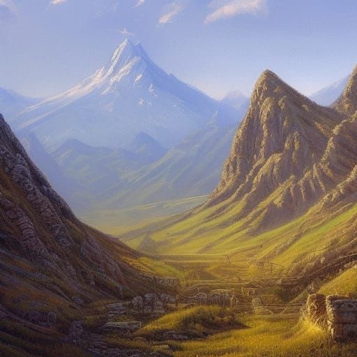 Minas Tirith Glowing in Mountains: Oil Painting