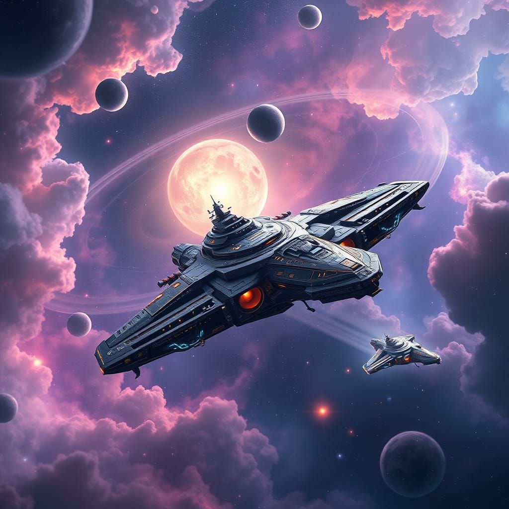 Majestic Starship Sails Through Iridescent Nebulae of Velith...