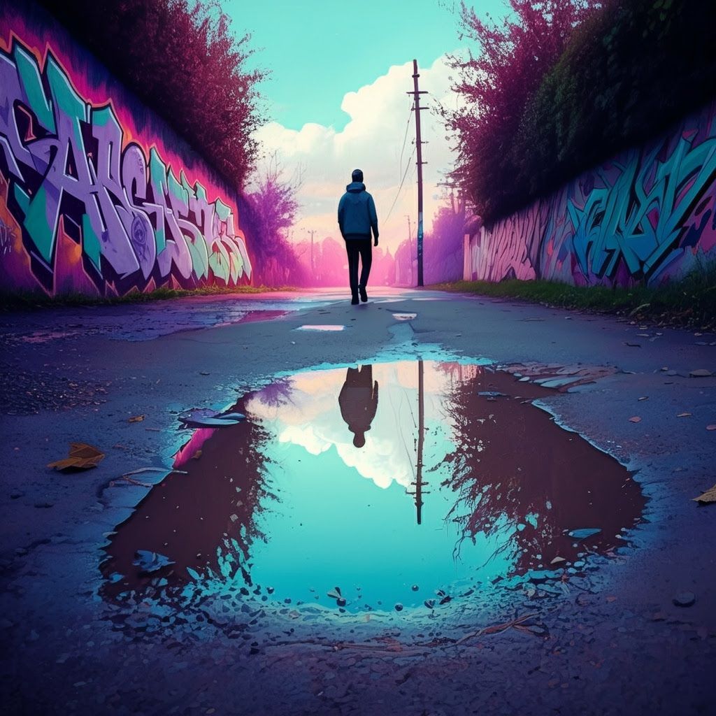 Reflective Puddle Surrounded by Colorful Graffiti Art