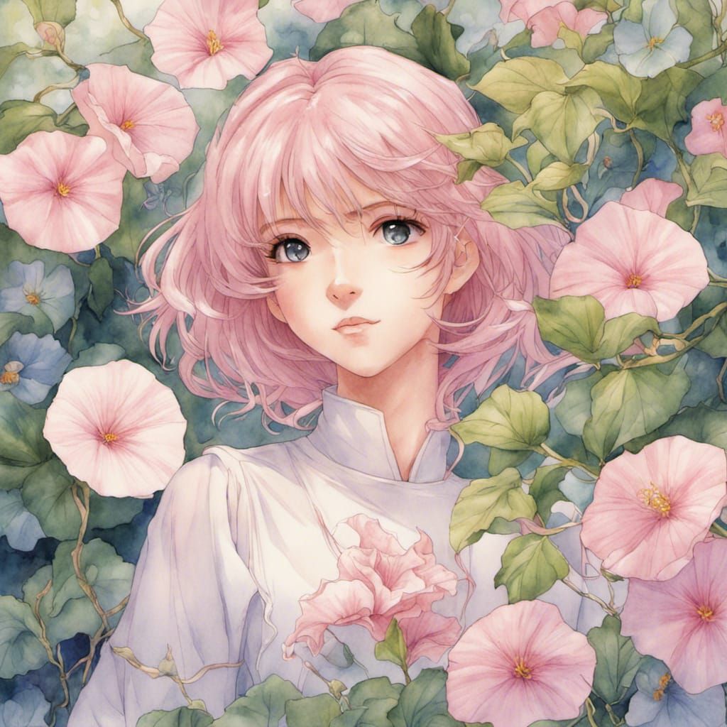 Pink-Haired Girl with Morning Glories: Anime Art