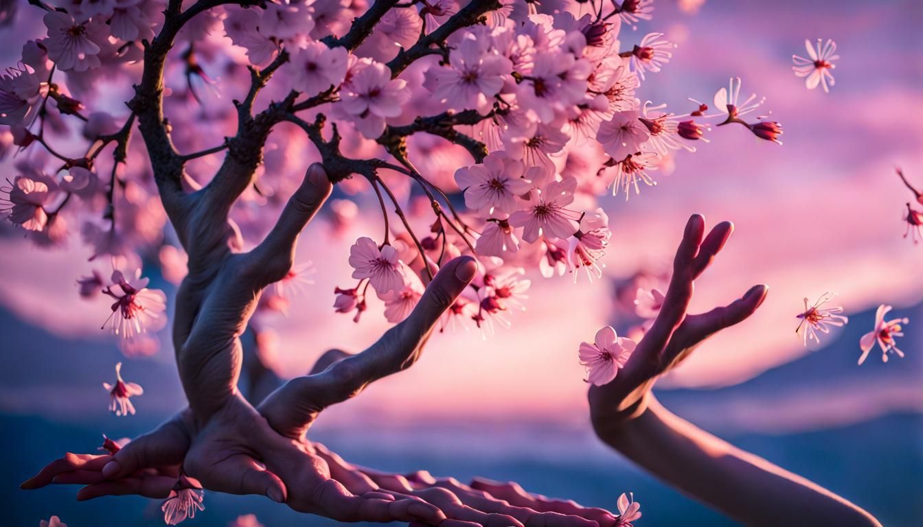 Surreal Cherry Blossom with Hands, in Surrealist Style
