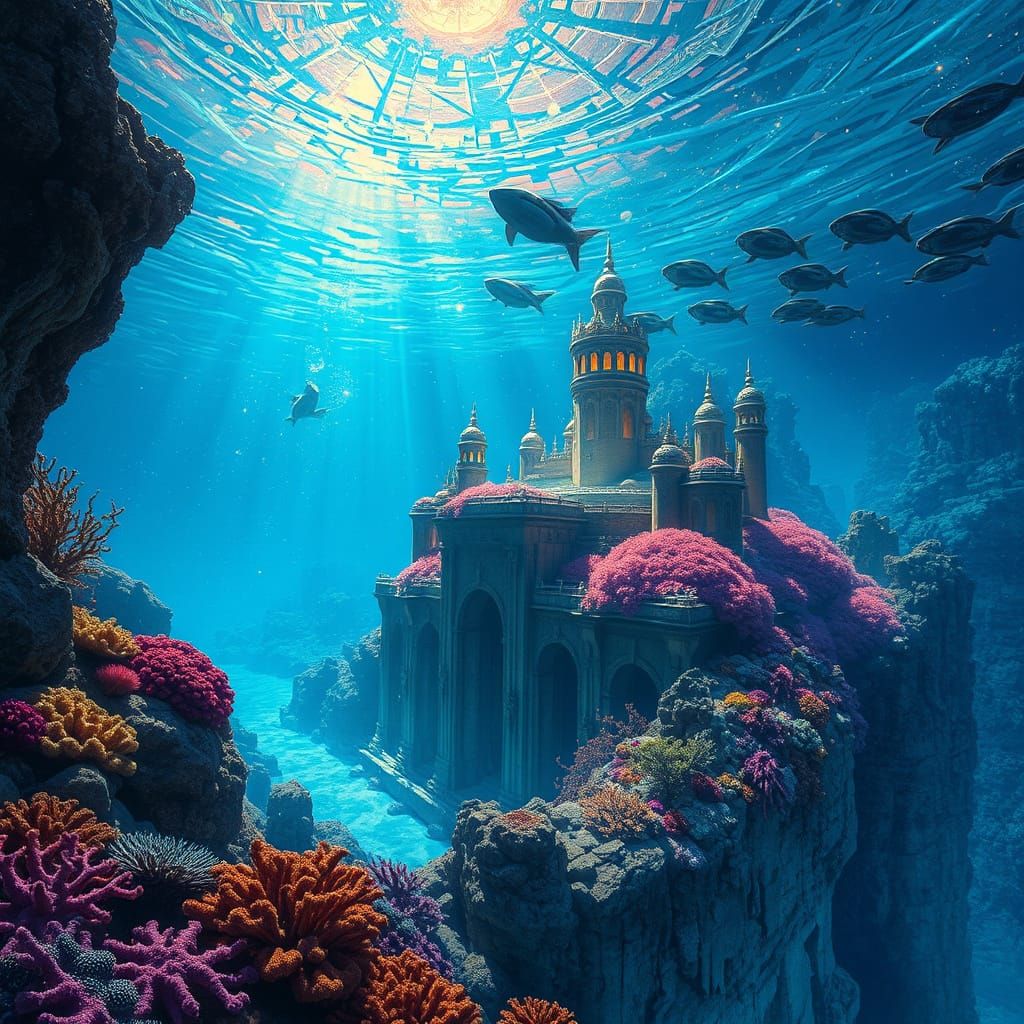 Atlantis City Underwater in Astral Light, Mixed Media Style