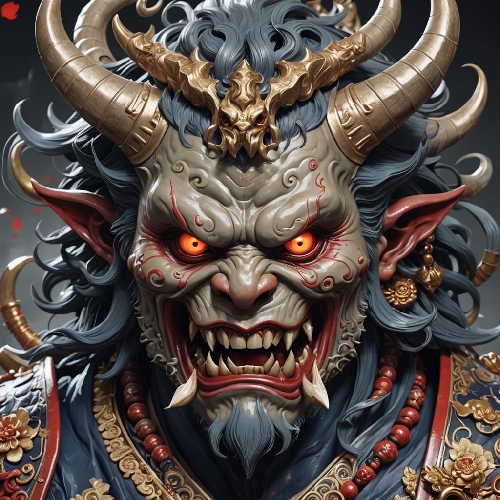 Demonic Porcelain Oni Yokai Portrait in Hyperdetailed Style