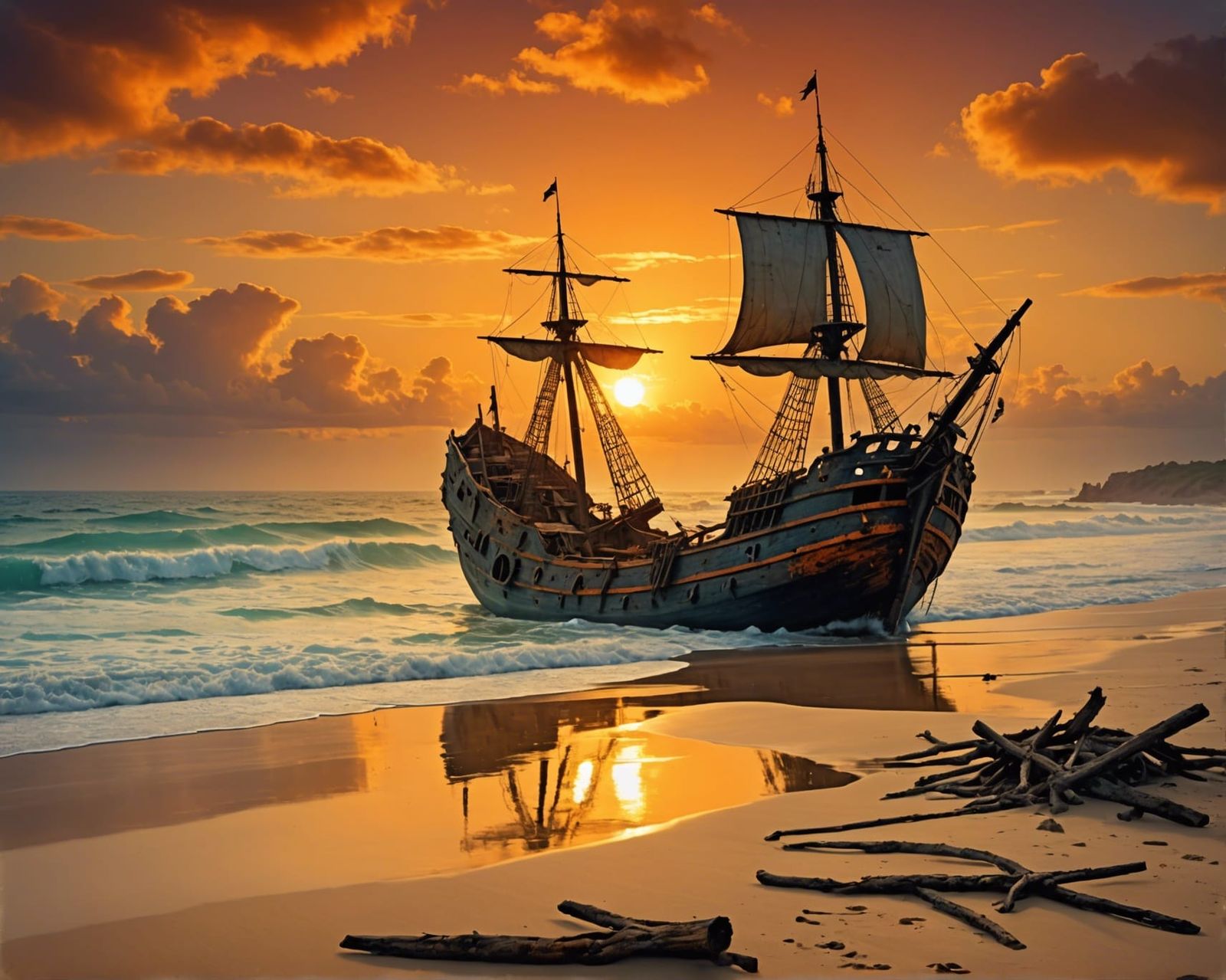 Pirate Shipwreck on Pacific Beach at Sunset