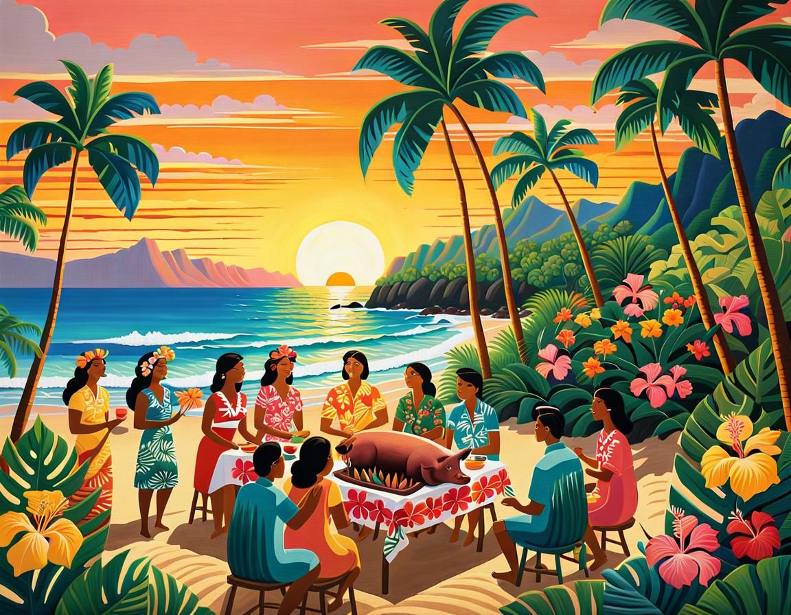 Tropical Gathering in Vibrant Naive Art Style