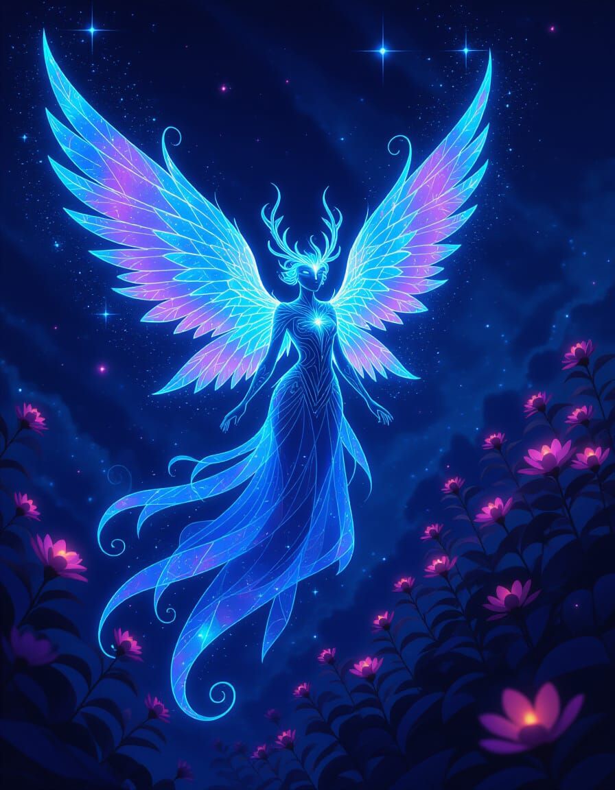 Ethereal Starlight Creature in Synthwave Neon Aesthetic