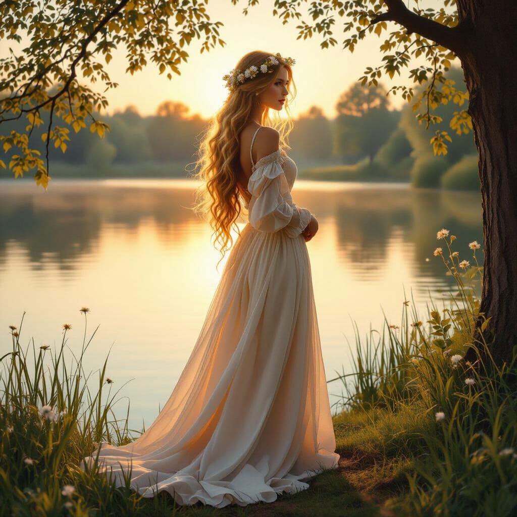 Golden Haired Woman by Lake in Renaissance Style
