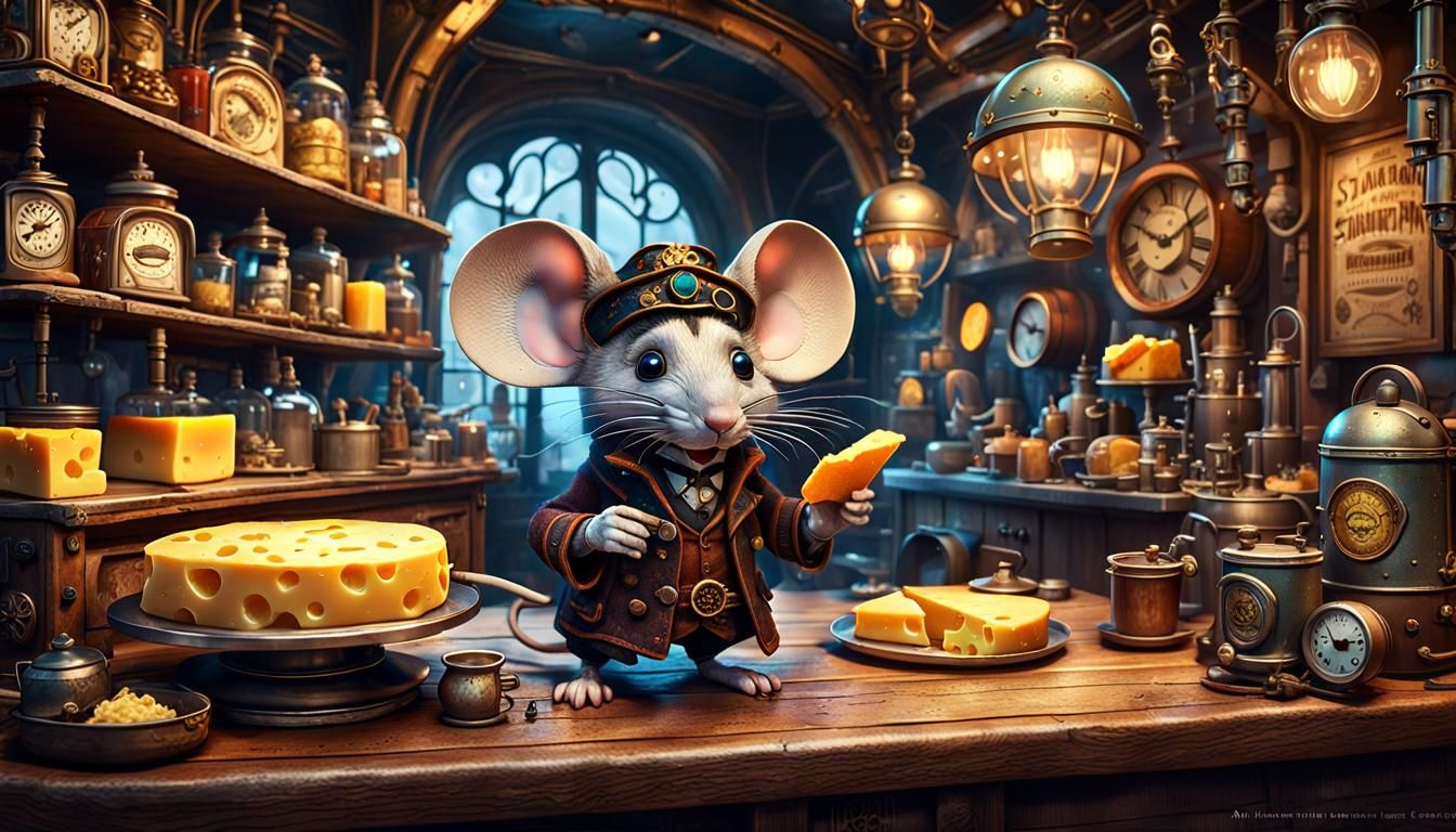 Steampunk Mouse in Cheese Shop: Fantasycore Concept Art