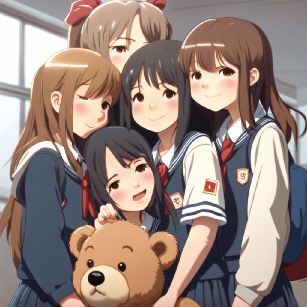 Japanese Girls Hugging Bear in Hyperrealistic Animation