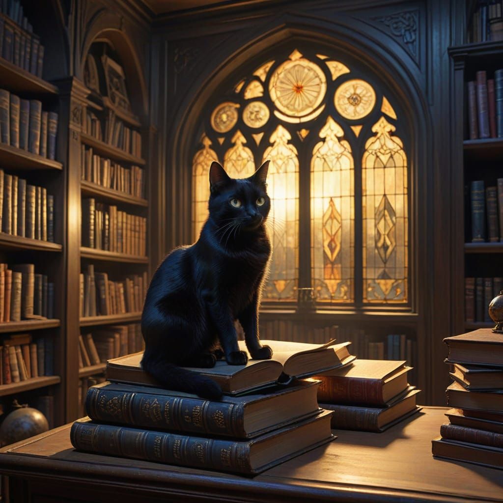 Black Cat in Haunted Library, Storybook Illustration