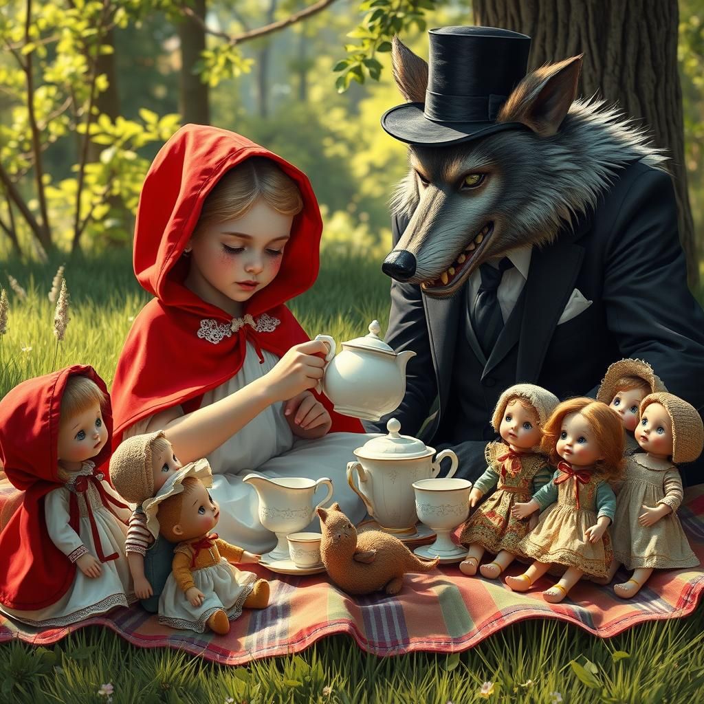 Little red Riding hood having a children's tea party with the big bad wolf (he is larger than her and scary looking, and...