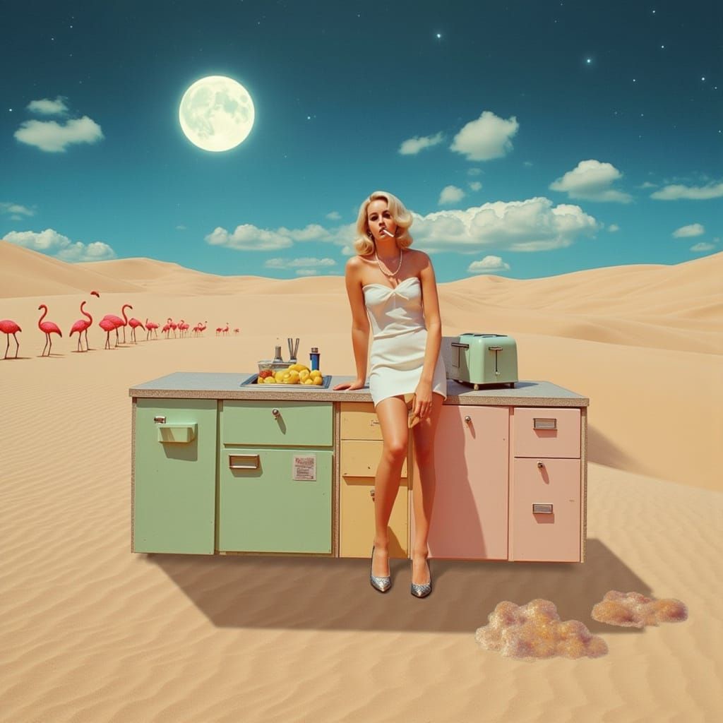 A surreal setting of a sun-bleached kitchen island sits in t...