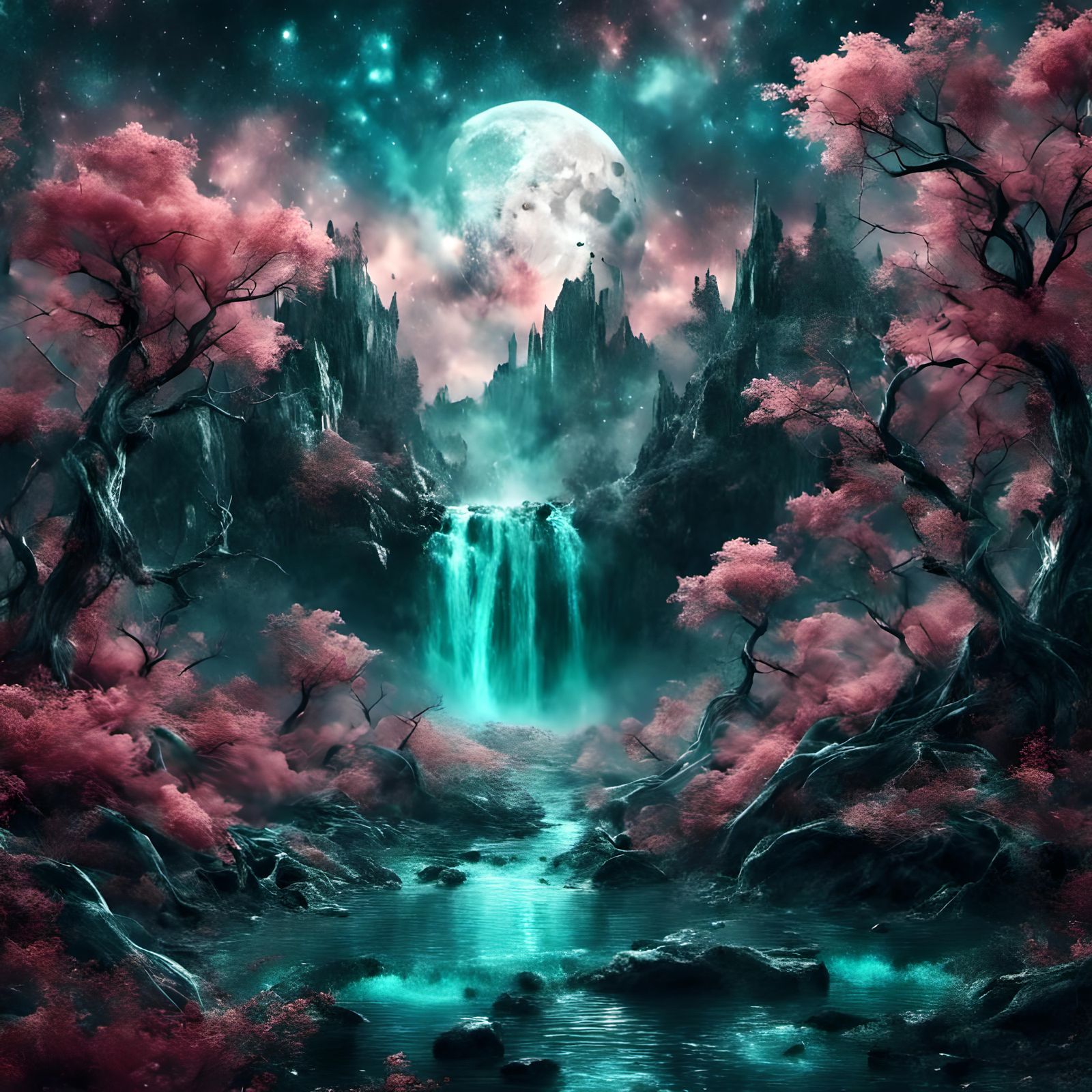 Moonlit Aurora Serenity Forest Waterfall