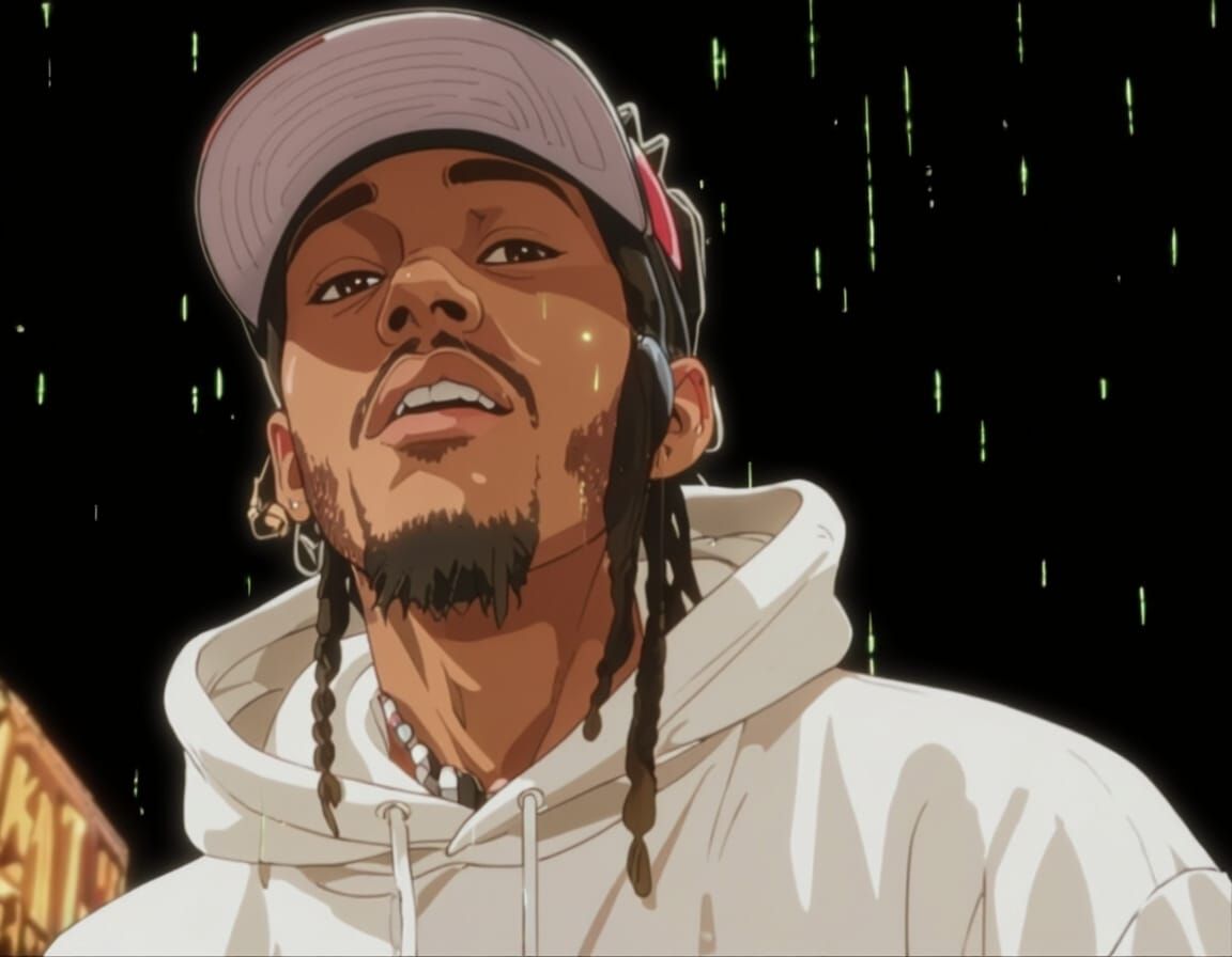 Futuristic Rapper in Digital Rain Anime Style