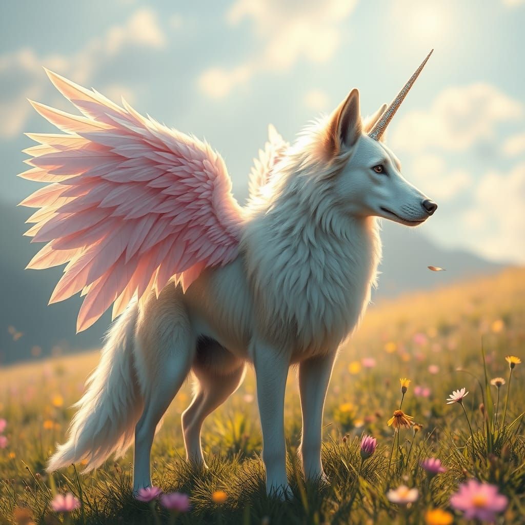 Winged Unicorn Dog in a Lush Meadow