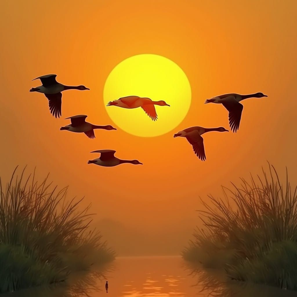 Majestic Geese in Sunlit Flight, Against a Dramatic Landscap...