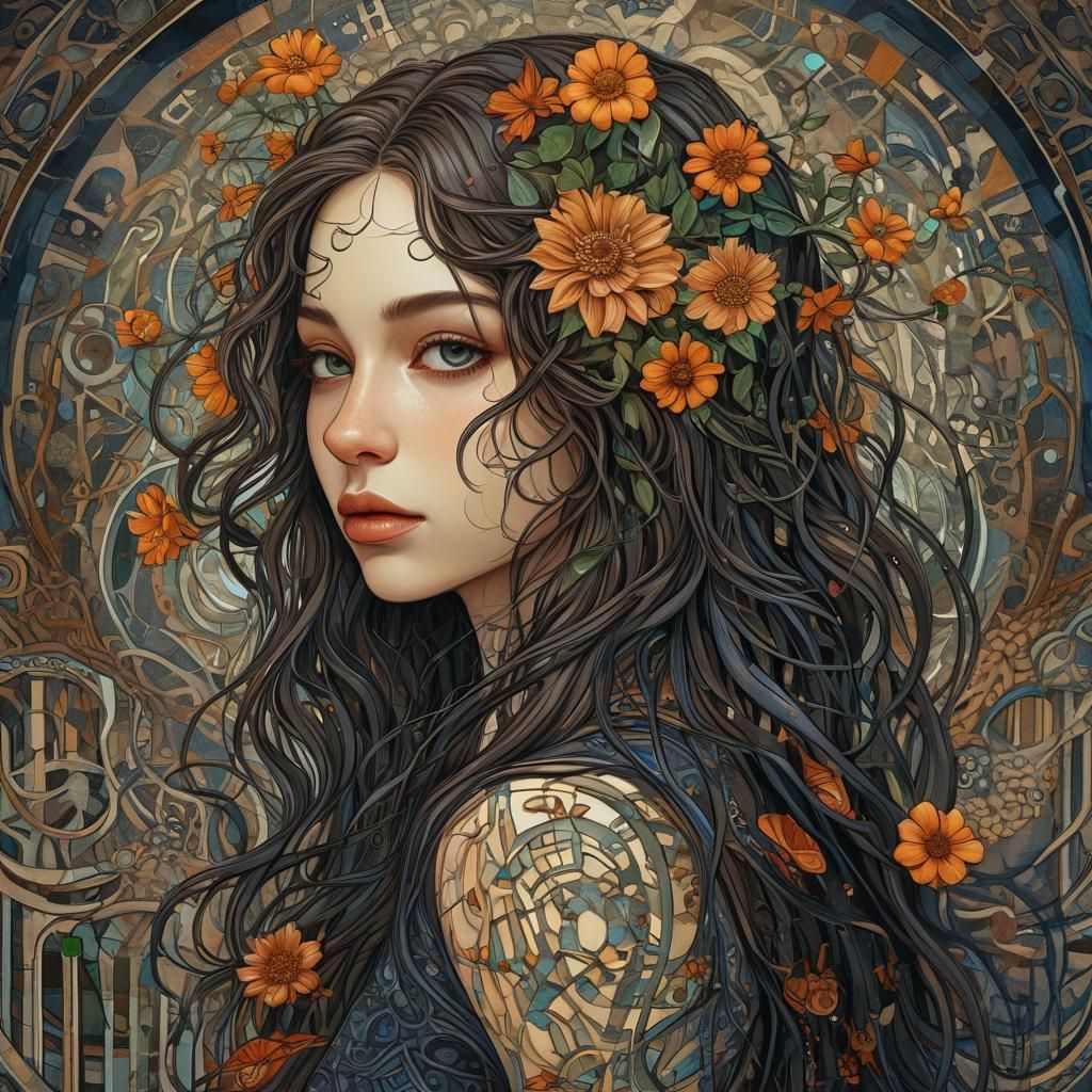 Neo-Gothic Art Deco Portrait of Girl with Flowers