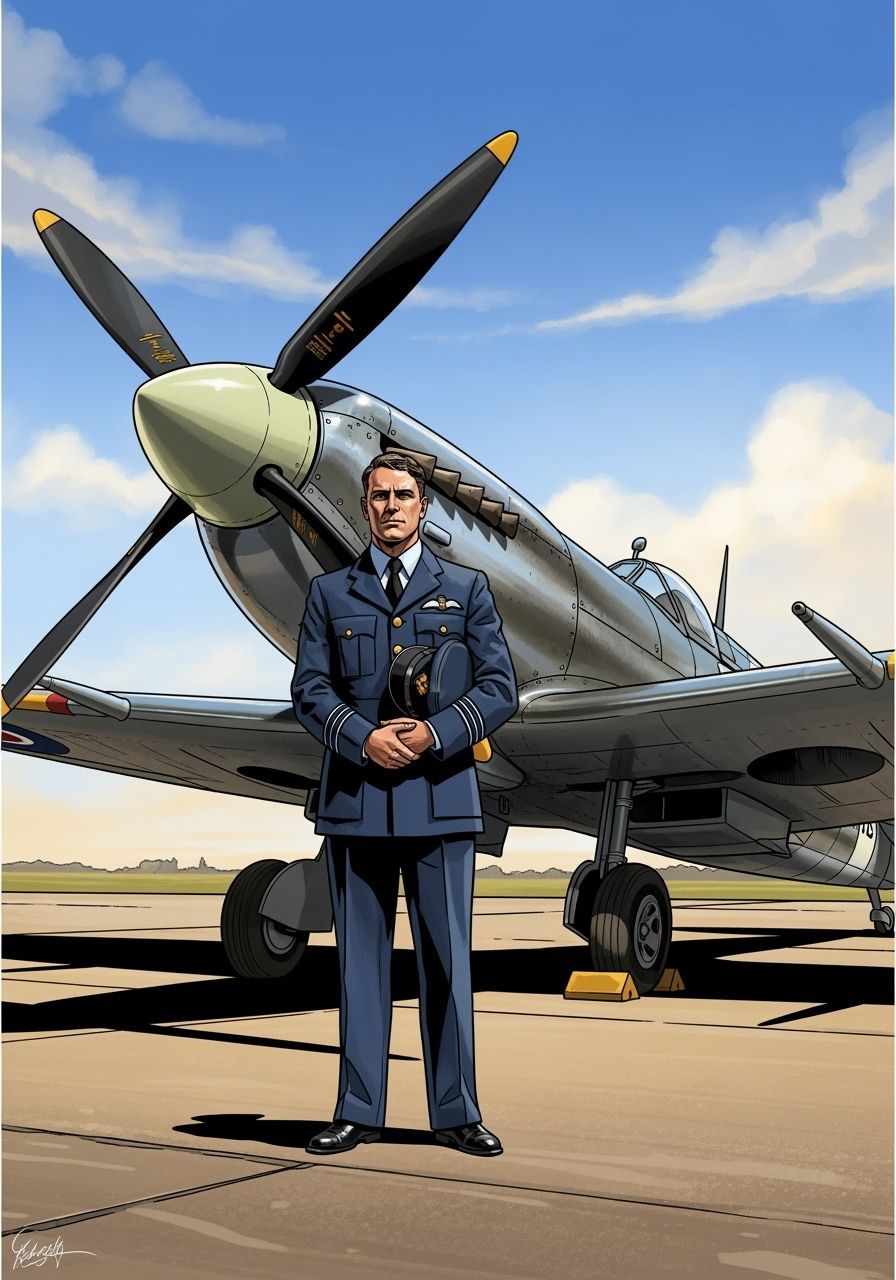 RAF Officer with Spitfire Mk II on Sunlit Airfield