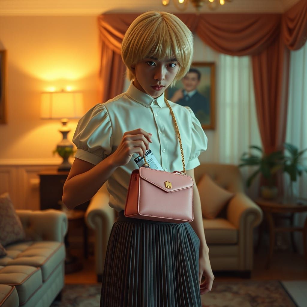 Young Man in Mini Skirt Surprised in Plush Living Room